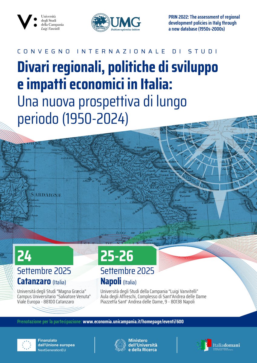 📢 Fondazione Merita è lieta di segnalarvi il Convegno Internazionale di Studi “Divari regionali, politiche di sviluppo e impatti economici in Italia: una nuova prospettiva di lungo periodo (1950-2024)”

🗓️ 24 settembre 2025 – Università 'Magna Graecia'​ di Catanzaro
🗓️ 25-26
