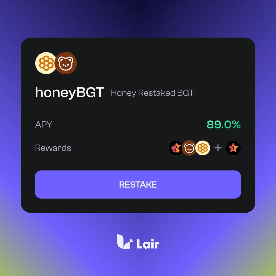 LairFinance's tweet image. Introducing our next LRT ➡️ $honeyBGT

🍯 $honeyBGT is built for:
✅ $iBGT stakers
✅ $HONEY &amp;lt;&amp;gt; $WBERA stakers

✨ Lair&apos;s cross-compounding 🔁 the highest PoL staking APY

More LRTs are coming. Are you ready? 👀

Lair