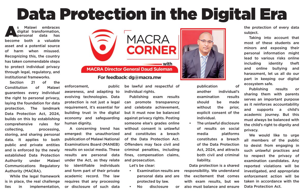 MACRAMALAWI's tweet image. Your data is your identity—protect it! The Data Protection Act 2024 keeps your info safe. Respect privacy, stop unlawful sharing, and secure Malawi’s digital future.

#DataProtectionAuthoritymw #MACRA #mwCERT #USF #MUUNIFundMW #QualityAffordableSecureCommunicationServices