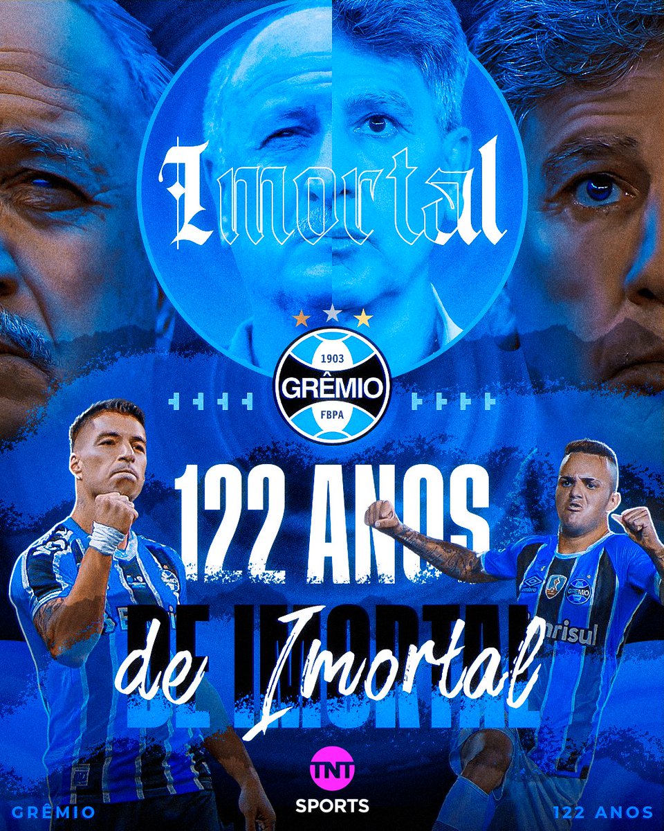 TNTSportsBR's tweet photo. 122 ANOS DO GRÊMIO! 🇪🇪 O Imortal Tricolor completa nesta segunda mais um ano em sua vitoriosa história! 👏 #FutebolBrasileiro https://t.co/0eBee9oUmT