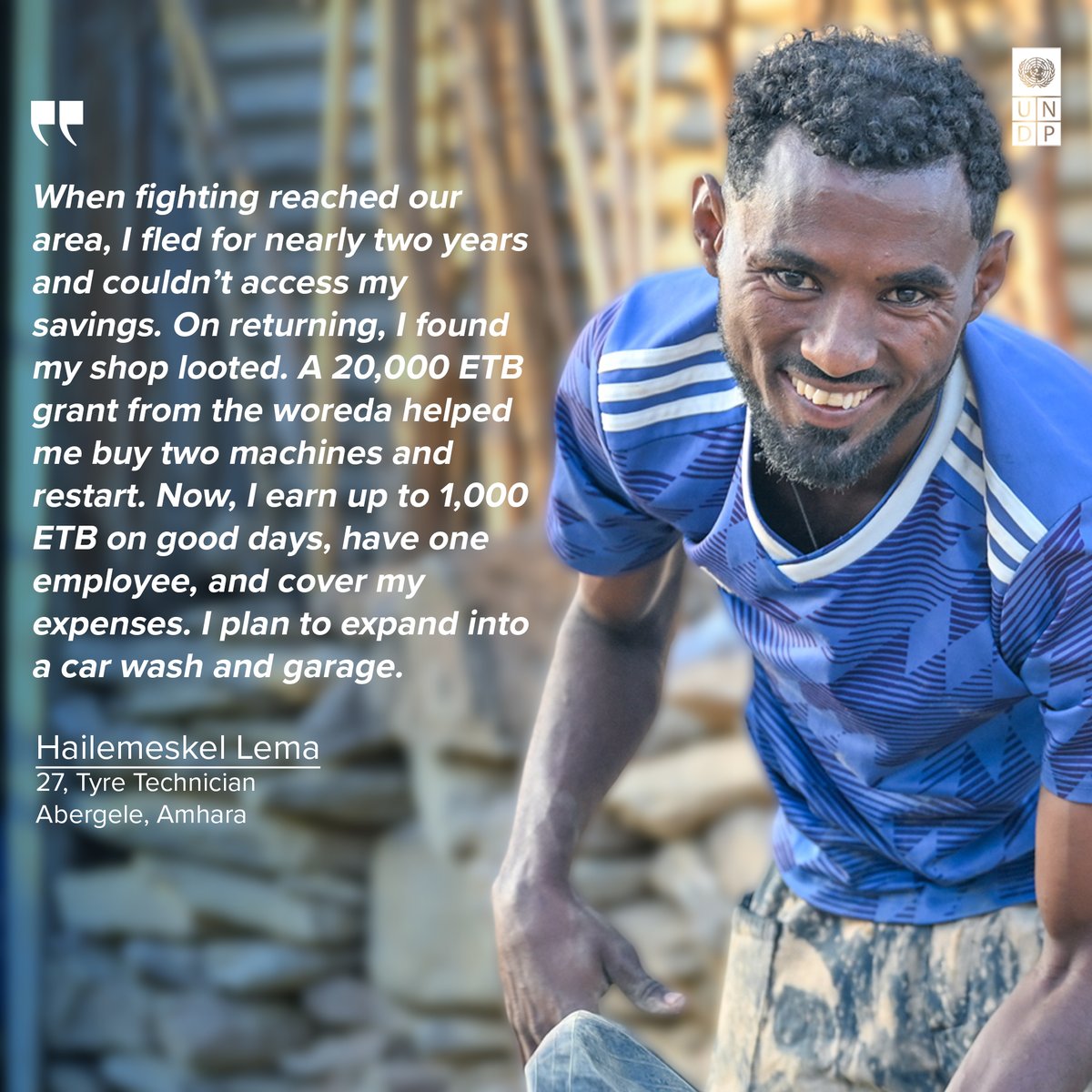 His workshop was looted, but not his determination. With support from local authorities &amp; #PSF (funded by <a href="/AA_stabilisiert/">🇩🇪 GER on Peace & Humanitarian Action</a> <a href="/JapanGov/">The Gov't of Japan</a> <a href="/DutchMFA/">Dutch Ministry of Foreign Affairs 🇳🇱</a>), Hailemeskel restarted his tyre repair shop, employs another worker &amp; plans to expand.
Read the article here👉 shorturl.at/9qI7a.