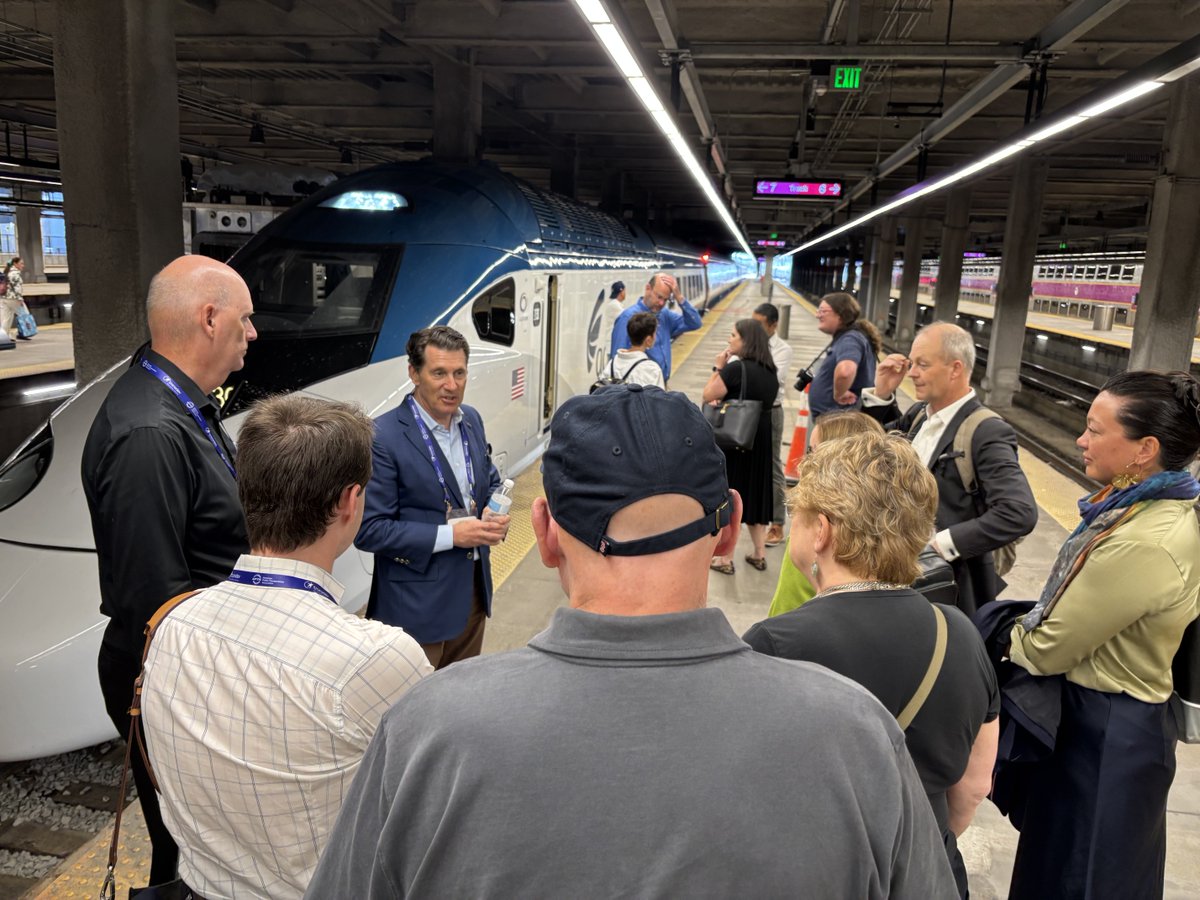 AlstomUSA's tweet photo. What an exciting kick-off for the @APTA TRANSform conference! We reserved a special car w/ @Amtrak and @APTA so conference participants could take the NextGen Acela to Boston. Then we co-hosted a tour of the fastest train in the U.S. at South Station! 🚆✨ #APTAtransform25 #NextGenAcela
