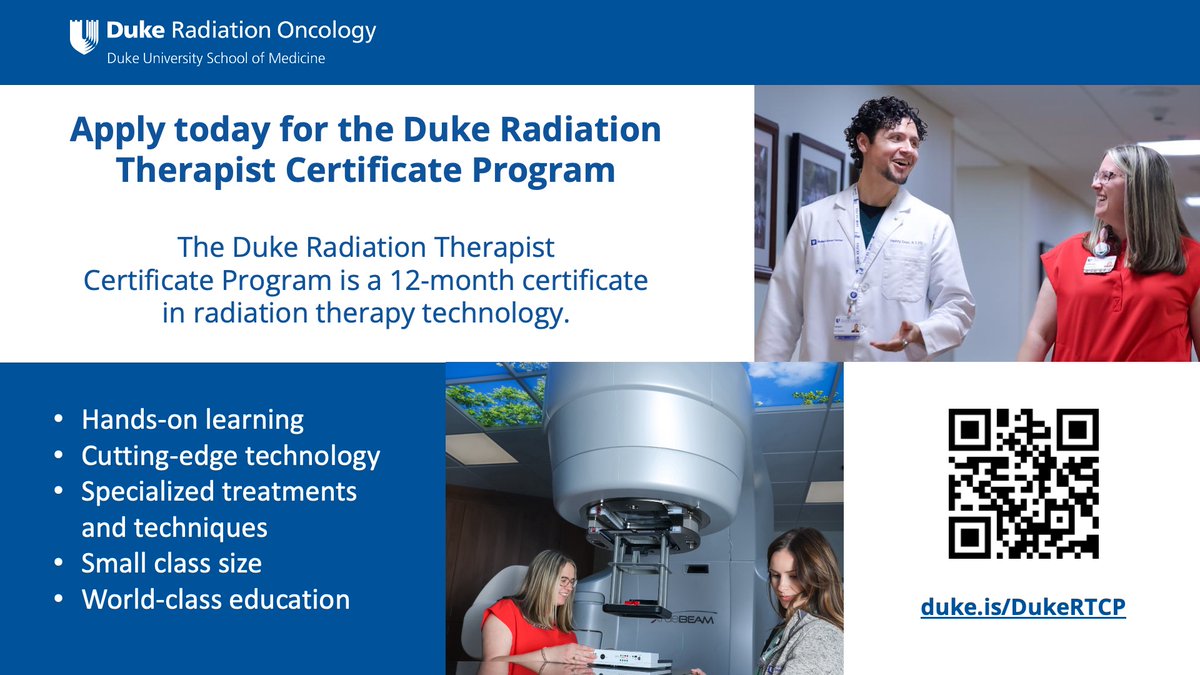 DukeRadOnc's tweet image. Applications are now open for our new Duke Radiation Therapist Certificate Program, a 12-month certificate in #RadOnc therapy technology! ⚡️ Apply here by Dec. 31 for our Aug. 2026 cohort: radonc.duke.edu/education/radi… #ARRT @TheOfficialARRT @ASRT #RadiationTherapist #RadiationTherapy