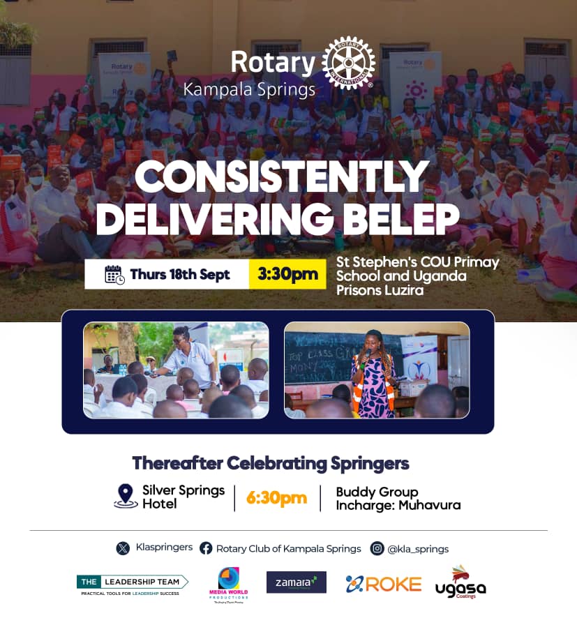 We continue our commitment to impact through literacy and empowerment at St. Stephen’s COU Primary School and Uganda Upper Prisons Luzira,this Thursday 18th September 2025

And later…
🎉 Celebrating Springers at *Silver Springs Hotel – 6:30 PM
Buddy Group In-charge: Muhavura 🌟