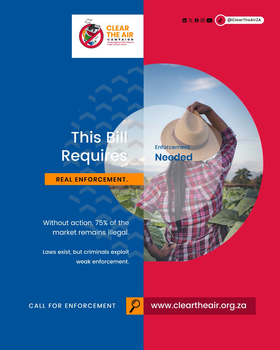 Add your voice for stronger enforcement🖊️: cleartheair.org.za/petition/end-i…

South Africa already has strong laws to combat the illicit tobacco trade, but criminals thrive when enforcement falls short. The Illicit Trade Bill gives authorities the power to act, yet weak application and
