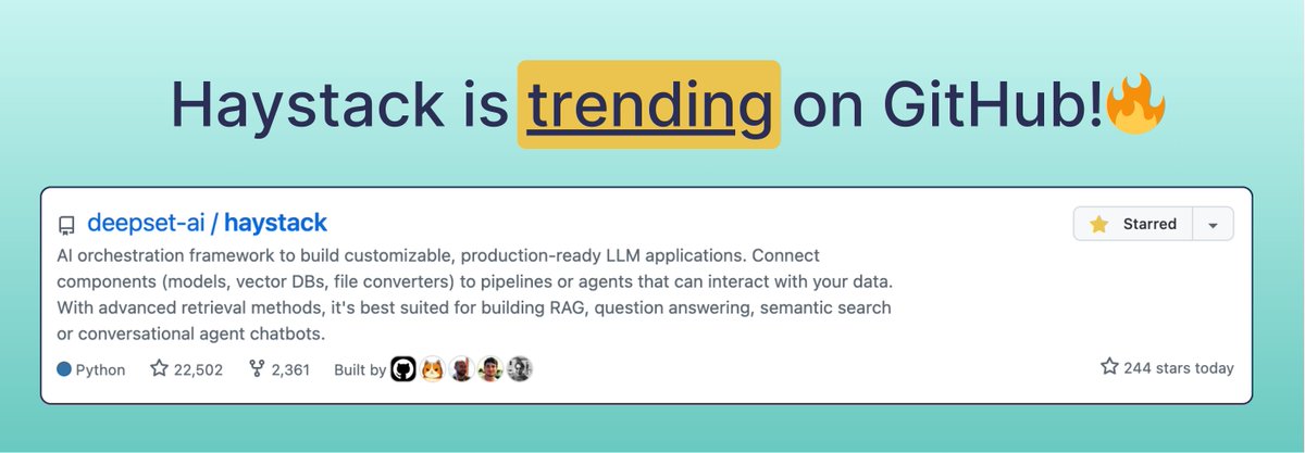 Haystack_AI's tweet image. 🔥 Haystack is trending on GitHub… again!

It’s all thanks to you, the devs who use, contribute, and share ideas. You’re shaping how AI apps get built for production.

⭐ Add your star and join the community: github.com/deepset-ai/hay…