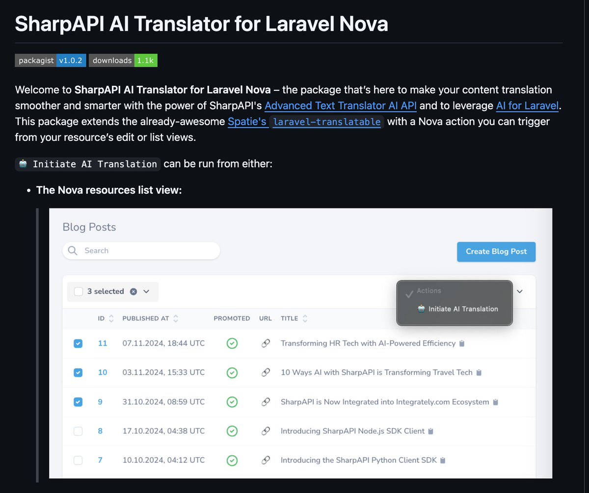 SharpAPI's tweet image. 1.1k downloads of our SharpAPI AI Translator for Laravel Nova, smoking! 🚀
Any @Laravel Nova enthusiasts willing to give it a go?
github.com/sharpapi/nova-…