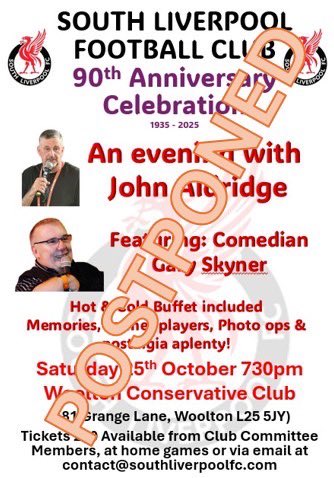 Just a reminder folks that we have temporarily postponed our 90th anniversary evening.  It’s not cancelled, just due to be rearranged due to a TV Fixture, meaning the event clashed with Liverpools game with Brentford!!  The irony is. It lost on us but hey ho!
