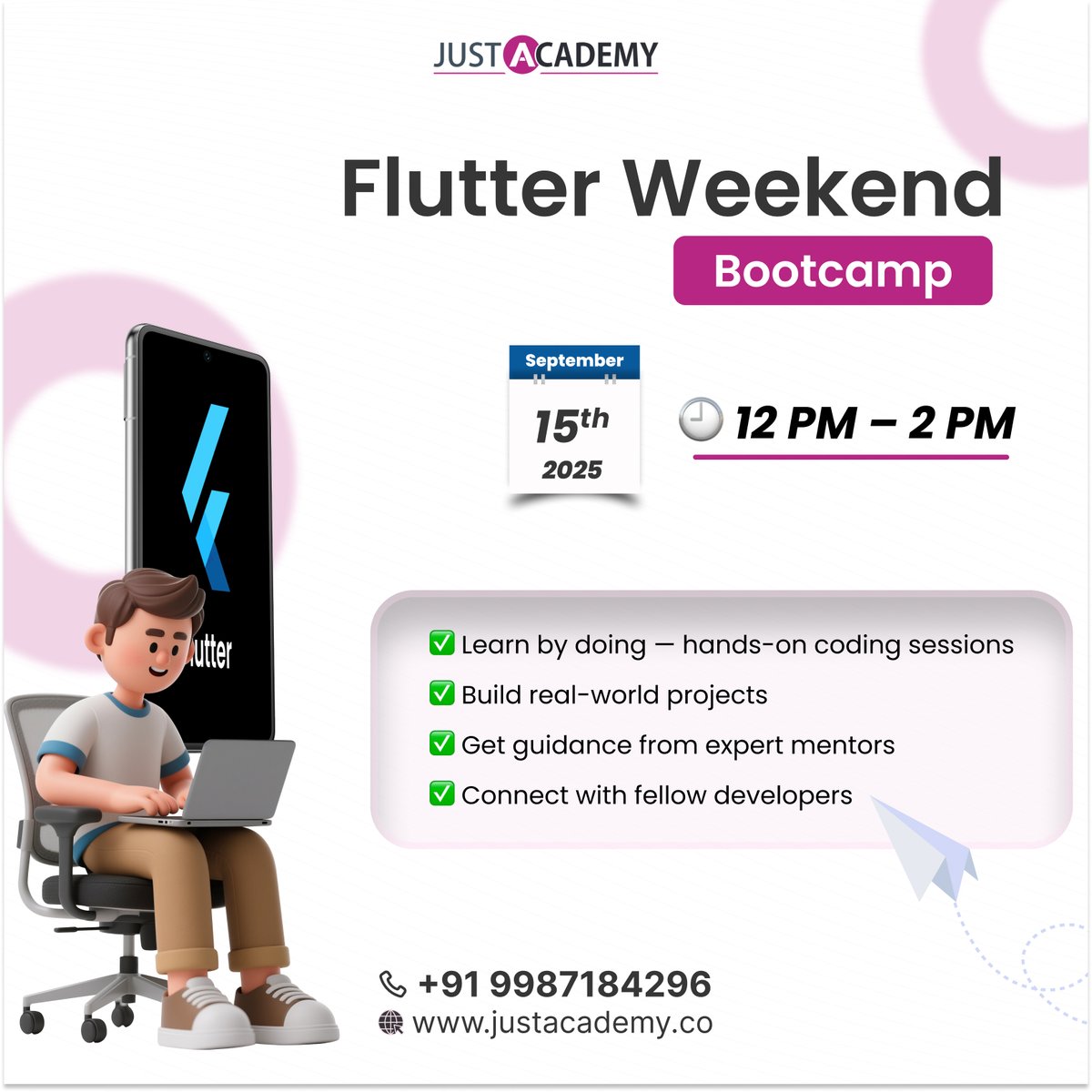 justacademy23's tweet image. Got weekend plans? Let’s code them into something big!
Join our Weekend Flutter Bootcamp full visual + intro, live sessions, hands‑on practical training.
Enroll now & level up your mobile dev skills with Flutter. Don’t wait — limited seats available!
#FlutterBootcamp #Hands