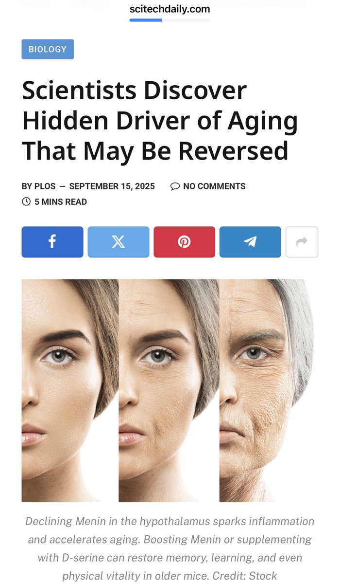 VraserX's tweet photo. 🚨 Aging breakthrough just dropped

Scientists found a hidden switch in the brain’s hypothalamus: a protein called Menin. When it declines, inflammation spikes, memory fades, skin thins, bones weaken. In mice, restoring Menin or supplementing with D-serine reversed these effects.

We might be looking at a path to actually slow or even reverse aging.