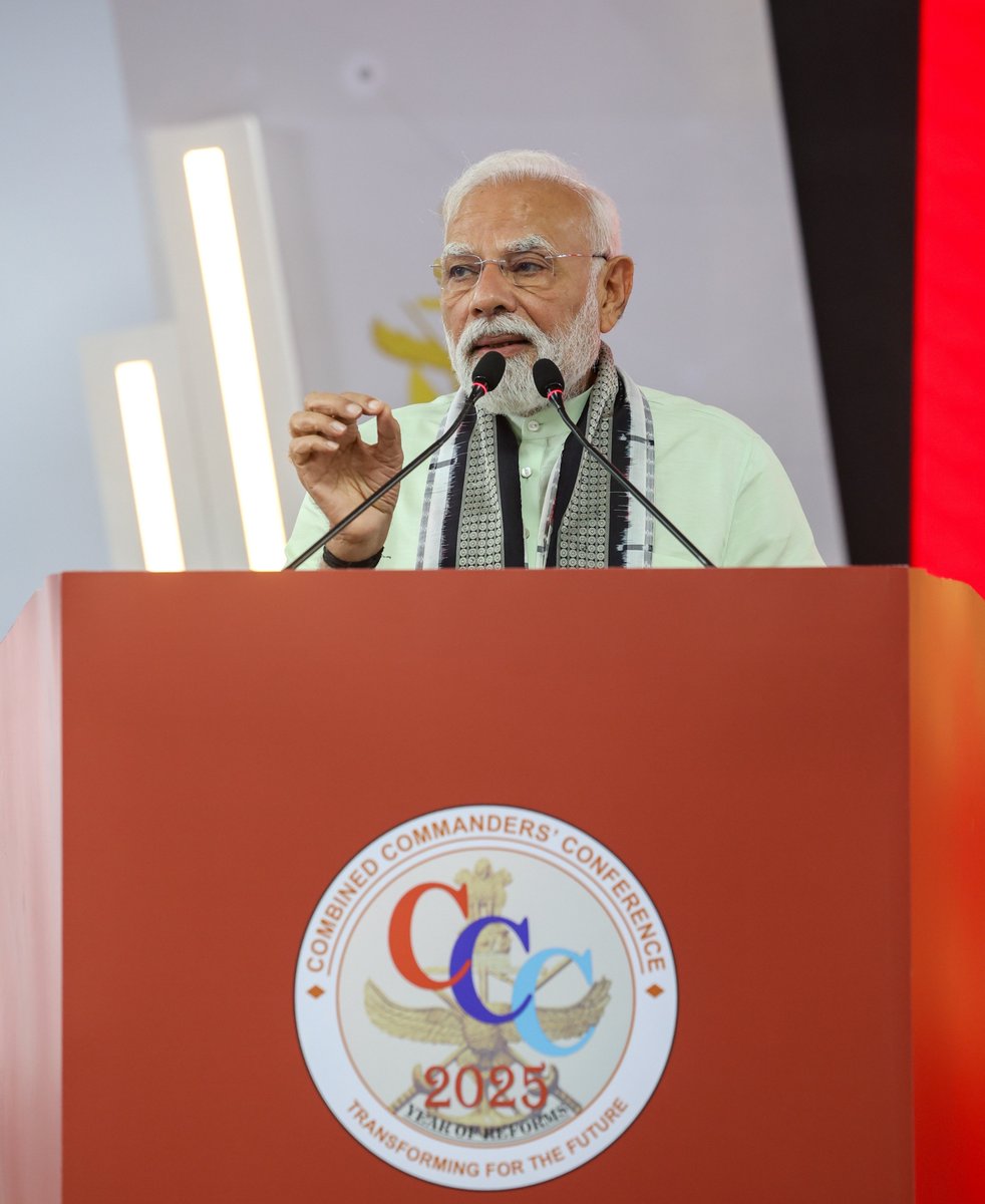 narendramodi's tweet image. Addressed the Combined Commanders’ Conference in Kolkata. In line with this year’s theme ‘Year of Reforms – Transformation for the Future’, discussed the steps being taken to further self-reliance in the sector and encourage modernisation. Appreciated the role of the armed forces…