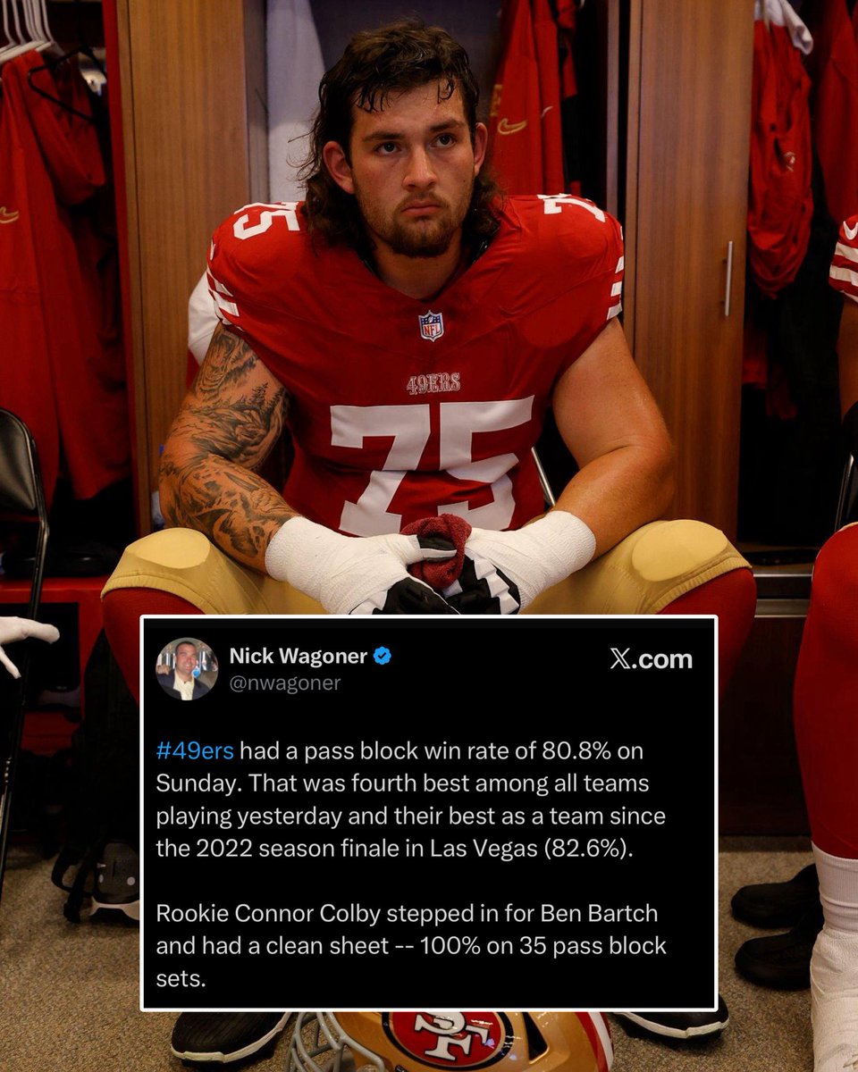 OurSf49ers's tweet photo. #49ers rookie guard Connor Colby with a clean sheet filling in for Ben Bartch! 

Let him keep starting and don’t look back! The OL seemed to play much more fluid with Colby in the game overall. 

Via: @nwagoner https://t.co/BtUBQknFPG
