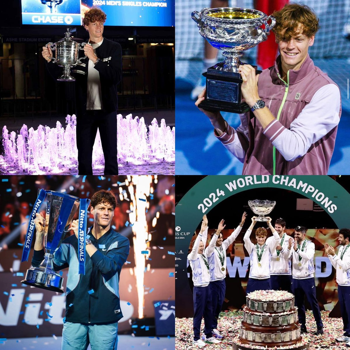 In 2024, Jannik Sinner became the only player in history to win 2 Grand Slams, the ATP Finals, and the Davis Cup in the same season. Not Djokovic. Not Nadal. Not Federer. Just Sinner. 🤯 #GOAT