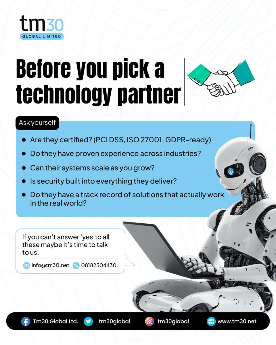 TM30Global's tweet image. When picking a tech partner, ask the hard questions, never compromise.

If the answers aren’t all satisfactory, it might be time to switch to TM30 global.

Build smarter with TM30 Global Limited today.

#Techpartner #SoftwareDevelopment #SoftwareEngineering