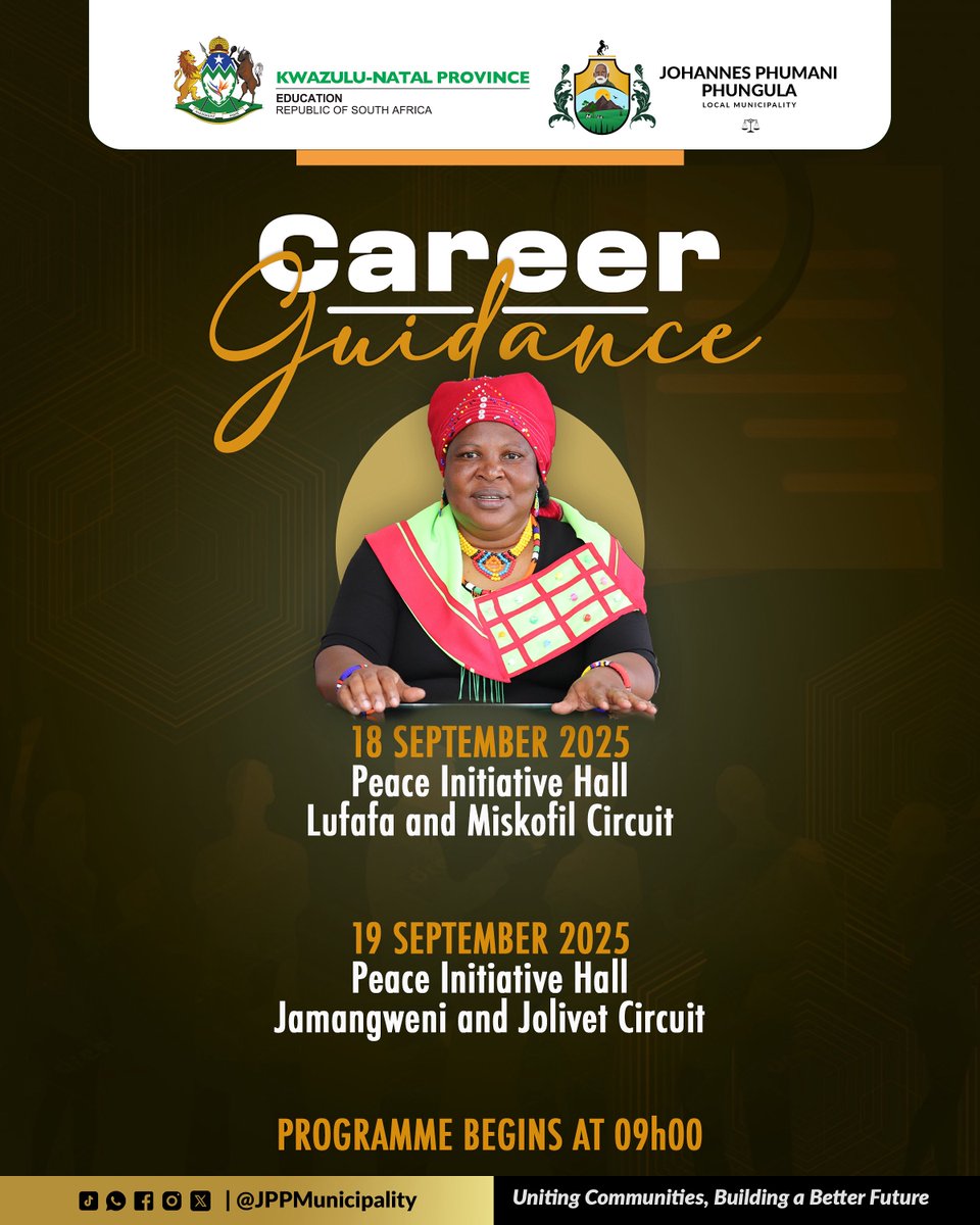 CAREER GUIDANCE PROGRAMME

The KwaZulu-Natal Department of Education, in partnership with Johannes Phumani Phungula Local Municipality, will host a Career Guidance Programme to empower learners with information on career choices, skills development, and education opportunities.