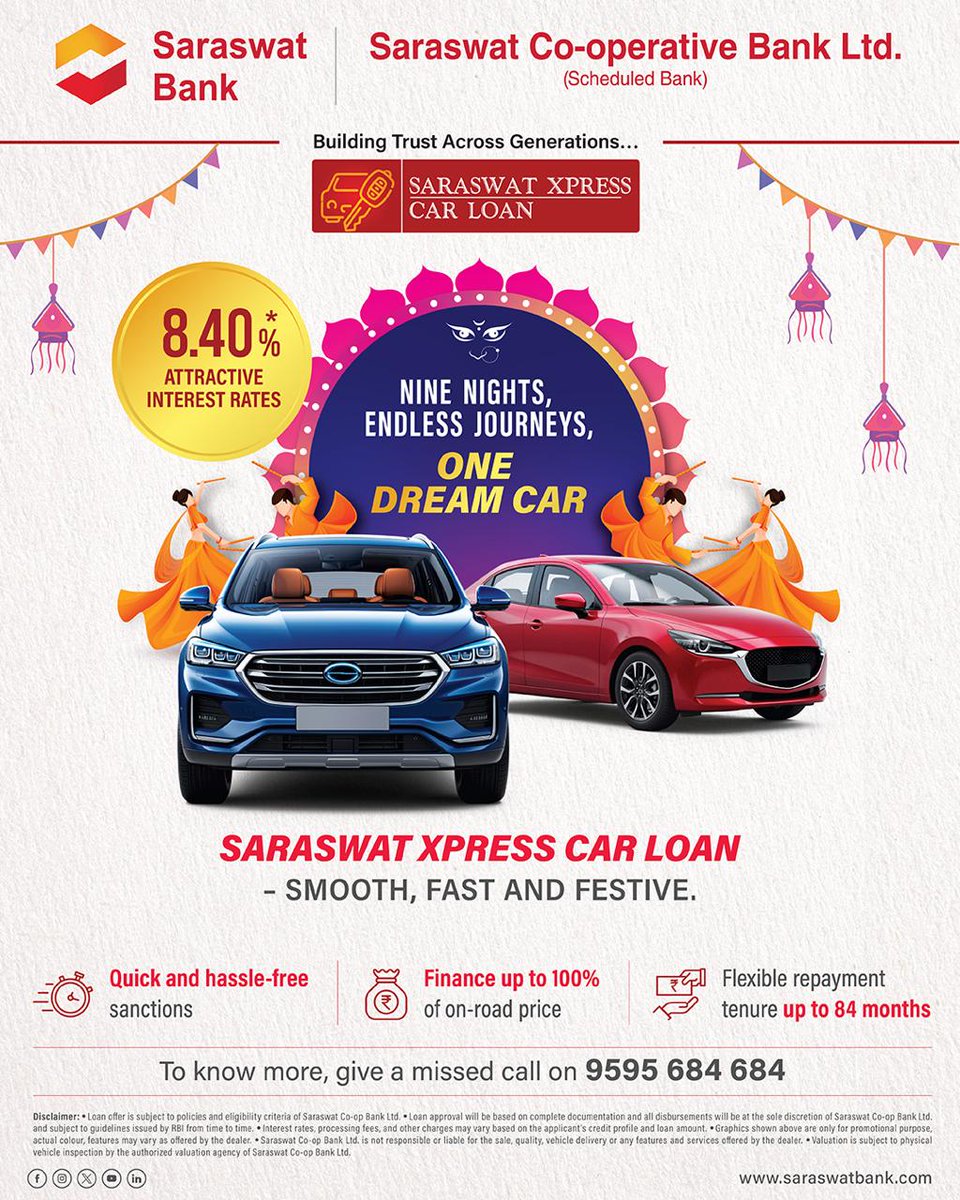 ✨ This Navratri, celebrate new beginnings on the road! 🚗💫
With Saraswat Xpress Car Loan, enjoy quick approvals, flexible repayment &amp; the joy of driving home your dreams.
Let every journey be as festive as the season itself! 🌸

#SaraswatBank
#Banking
#carloan
#navratri
