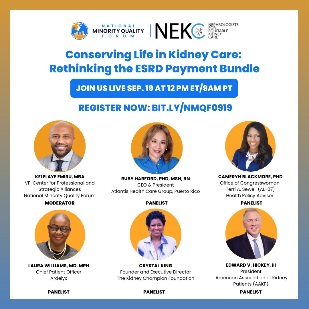 NMQF's tweet photo. ๐ Just a few days left!
Join NMQF + NEKC LIVE this Friday, Sept. 19 at 12PM ET / 9AM PT
Topic: โConserving Life in Kidney Care: Rethinking the ESRD Payment Bundleโ
๐Register now: https://t.co/eln3k2WAzz
#KidneyHealth #ESRDBundle #NMQFLive #HealthEquity https://t.co/Bzq2TGQP5g