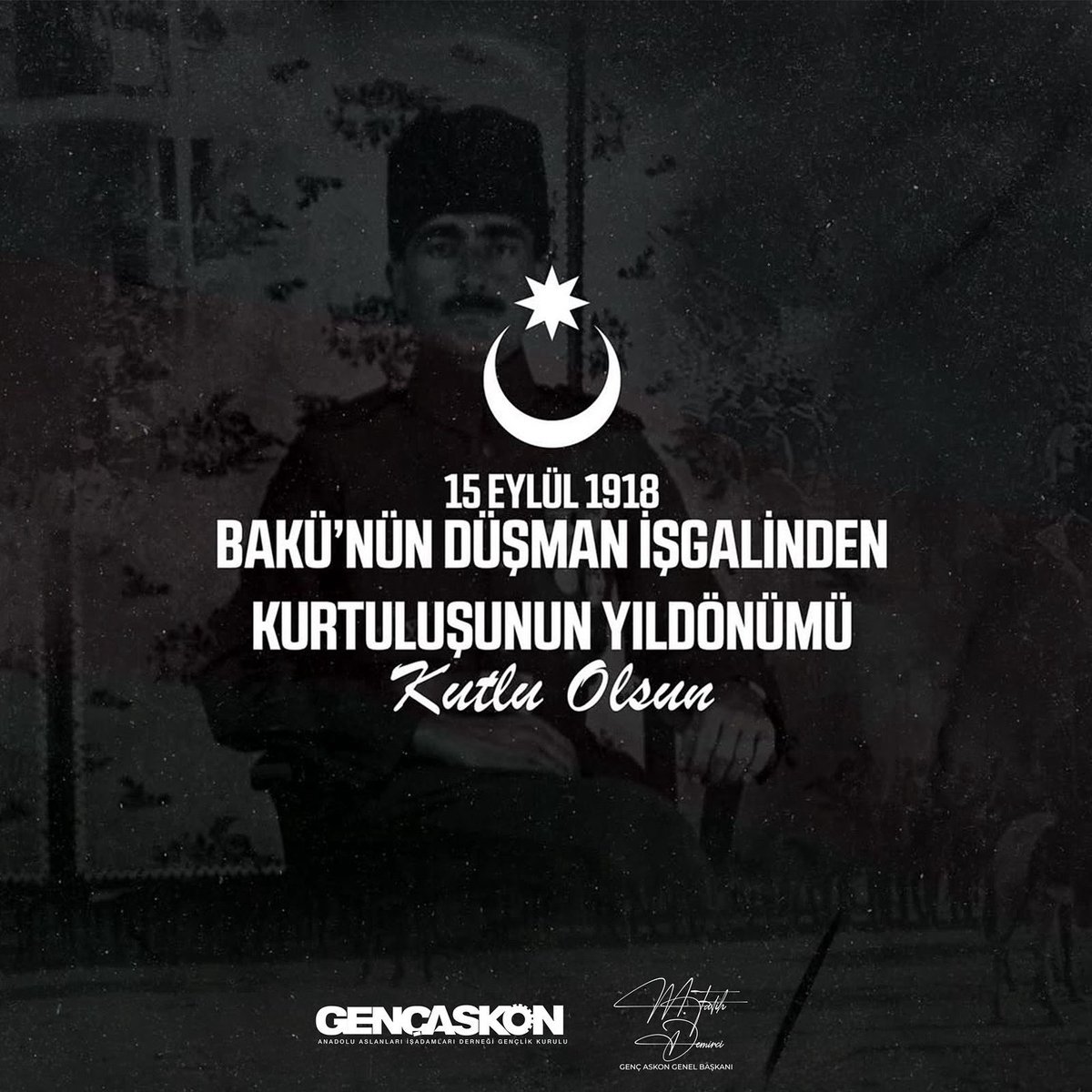 Bugün, Bakü’nün Enver Paşa ve Nuri Paşa’nın öncülüğünde işgalden kurtuluş yıldönümü.
Bu zafer münasebetiyle iki devlet arasındaki kardeşlik bağlarımızı hatırlıyor, zafer günümüzü kutluyoruz. 🇦🇿🇹🇷