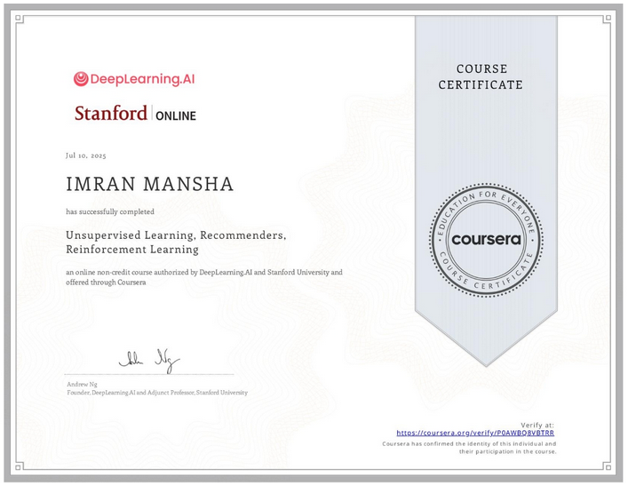 ImranManshaAI's tweet photo. Excited to complete the Unsupervised Learning, Recommenders, Reinforcement Learningcourse by @DeepLearningAI and @StanfordOnline, taught by @AndrewYNg !    

Gained strong foundations in #ML models and practical implementation.    

📜 Certificate: https://t.co/RB5bIhGAo4

#AI https://t.co/NHACSBJFMW