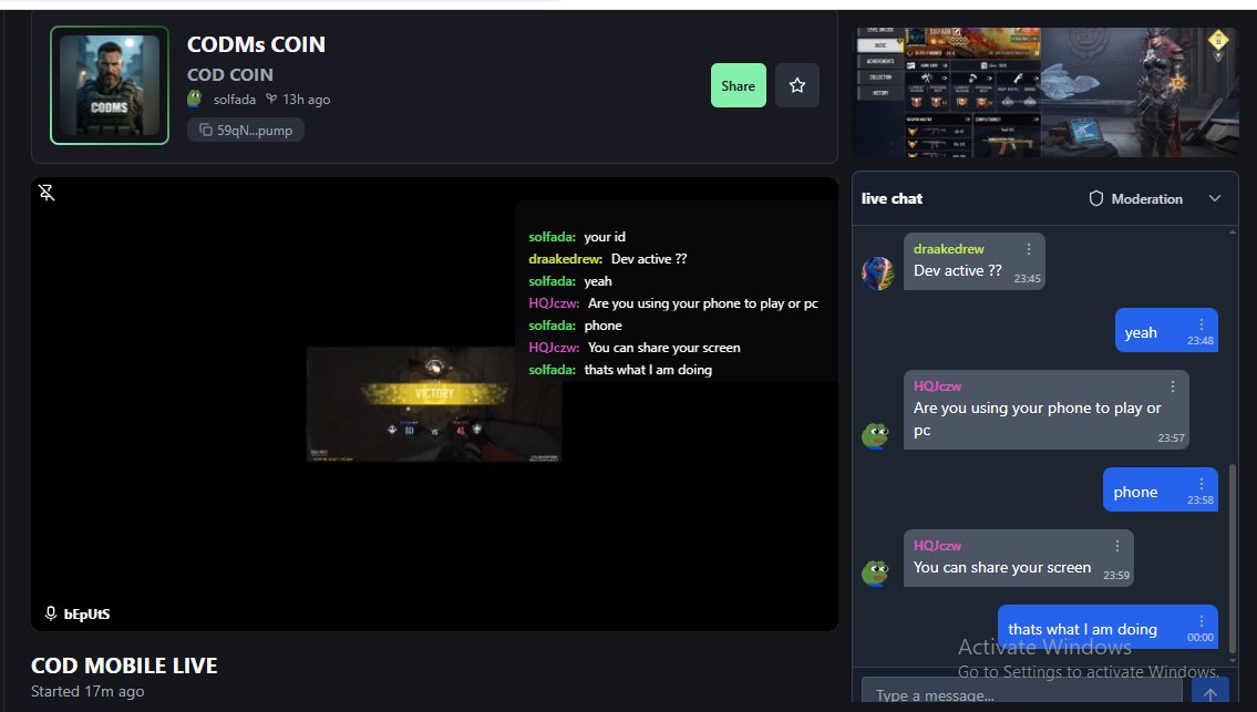 Hi Guys 👋

I am currently live streaming Call of duty Mobile on Pumpdotfun. Tune in 👇

pump.fun/coin/59qNxtPcp…

You can also buy the COD coin to join the community. More info will be released soon.

59qNxtPcpM3i4BcYzhyWTUVVoTBYqDHRQUxB5r4fpump

Lfg