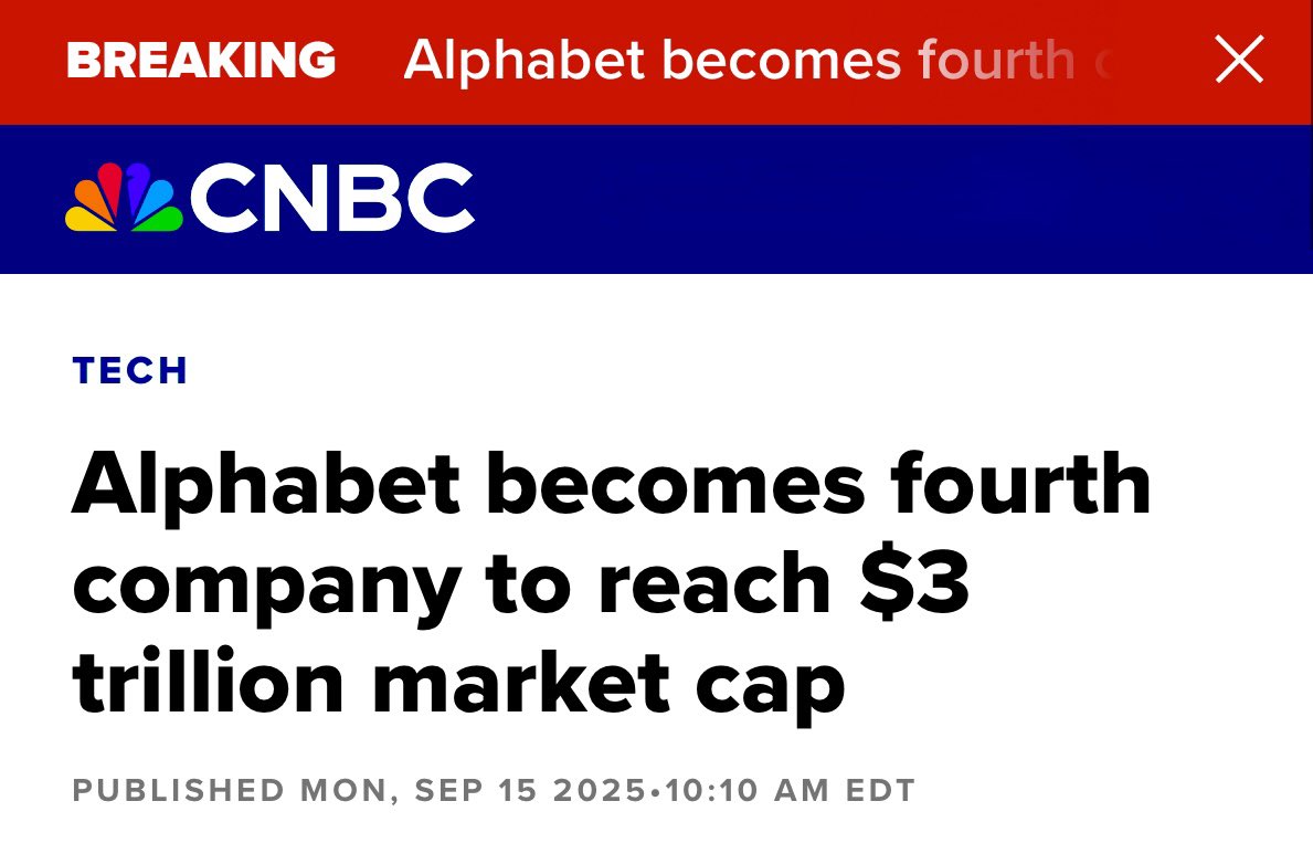 ☕BREW: Alphabet raggiunge una capitalizzazione di mercato di 3 trilioni di dollari, diventando la quarta azienda nella storia a farlo.