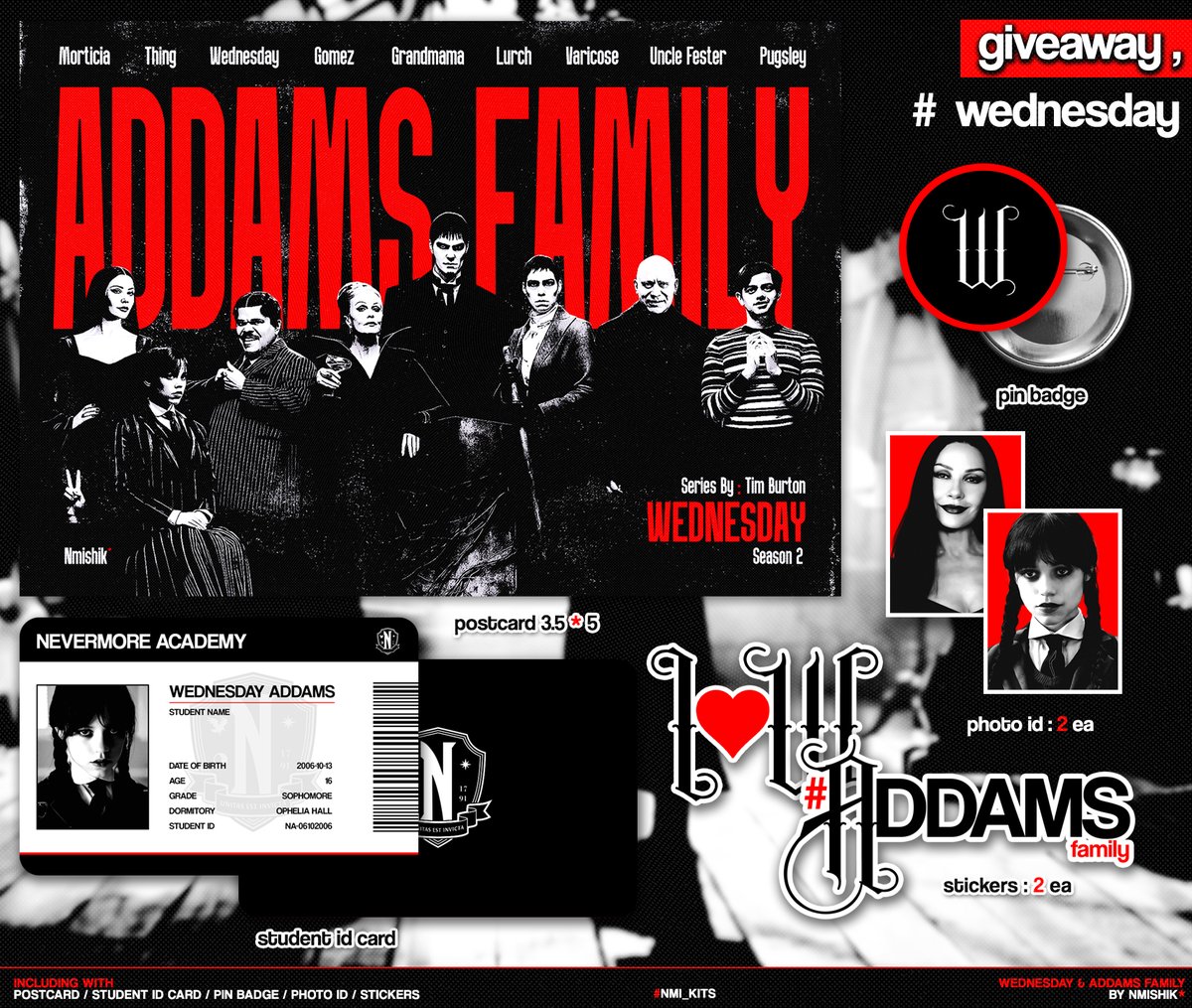 kindly retweet , 🪦 .ᐟ
giveaway for addams family

• postcard
• student id card
• pin badge
• photo id
• stickers

gg form : coming soon ! 🖤
p.s. only in thailand
( #wednesday )