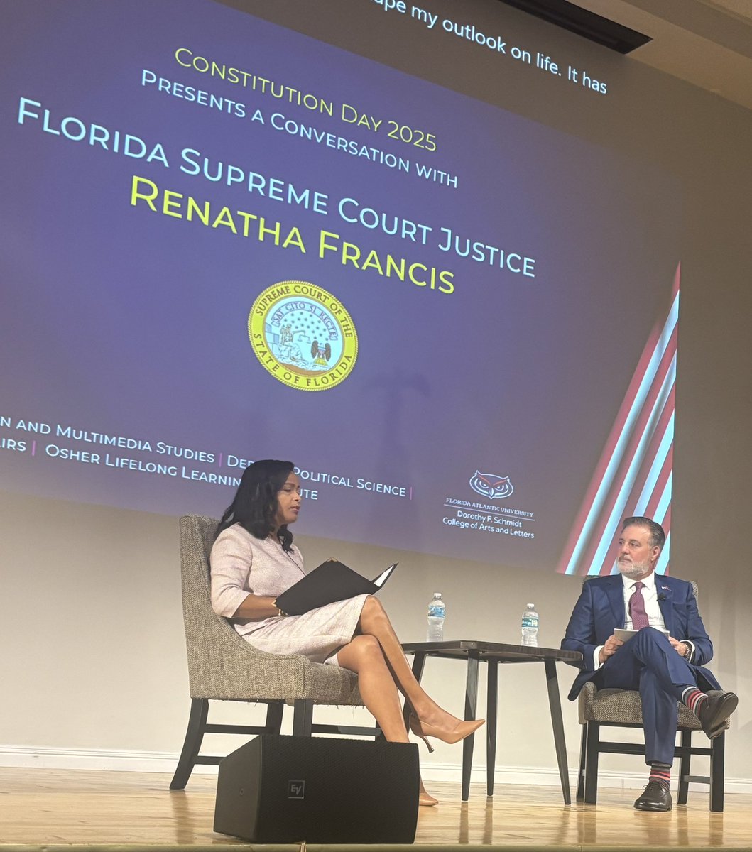 Wonderful conversation on the Constitution with Florida Supreme Court Justice Renatha Francis and FAU President Adam Hasner. <a href="/FAUArtsLetters/">Florida Atlantic College of Arts and Letters</a>