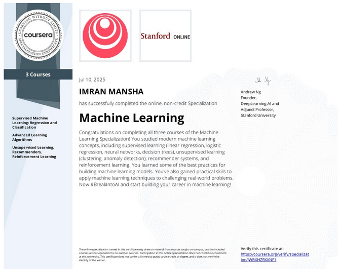 ImranManshaAI's tweet photo. Thrilled to complete the #MachineLearning Specialization by @StanfordOnline  &amp; @AndrewYNg ! 

Covered supervised &amp; unsupervised learning, neural nets, recommenders &amp; reinforcement learning.
Excited to apply #ML to real-world challenges! 

#MachineLearning #AI #DeepLearning https://t.co/8zAk2YAG0T