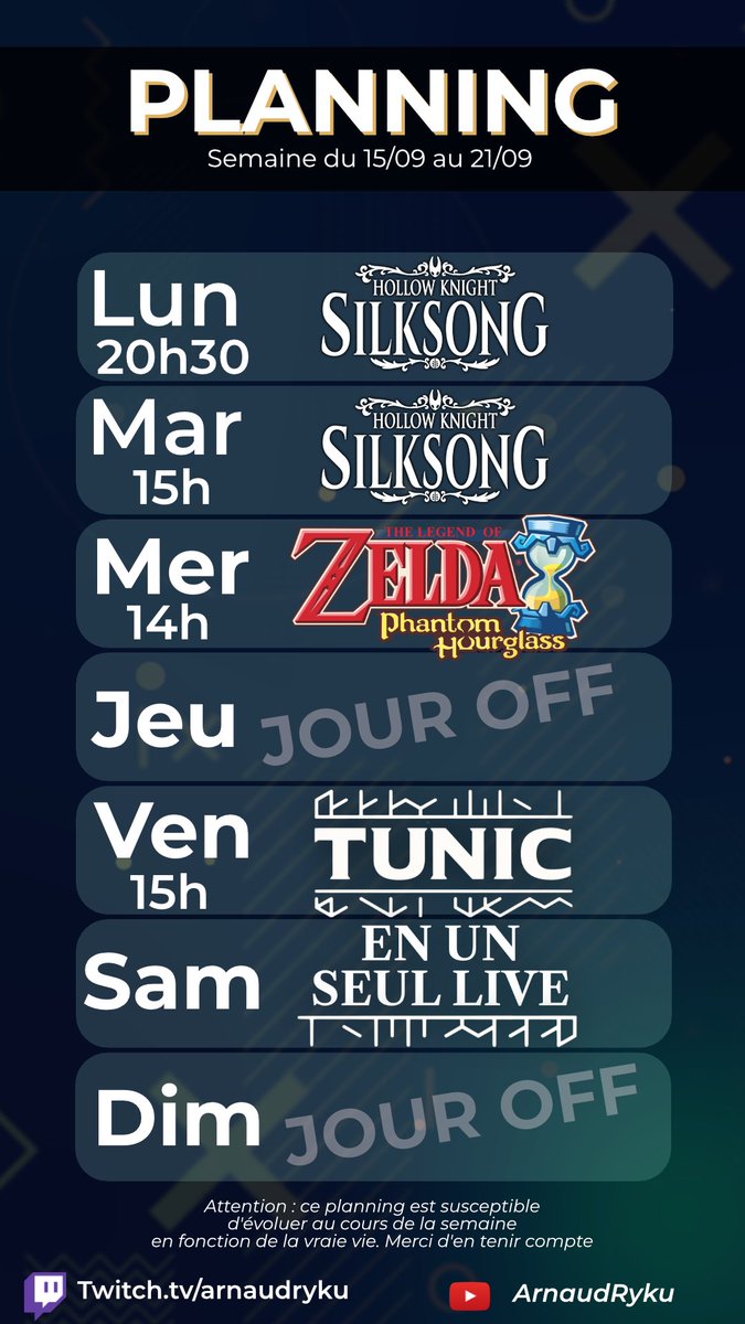 Cette semaine, on continue Silksong, on commence Zelda Phantom Hourglass et surtout... 

Vendredi à 15h nous faisons TUNIC EN UN SEUL LIVE ! 
On commence et termine Tunic d'une seule traite ! 10h ? 15h ? 20h de live ? Personne ne sait ! Alors venez soutenir ! 👀