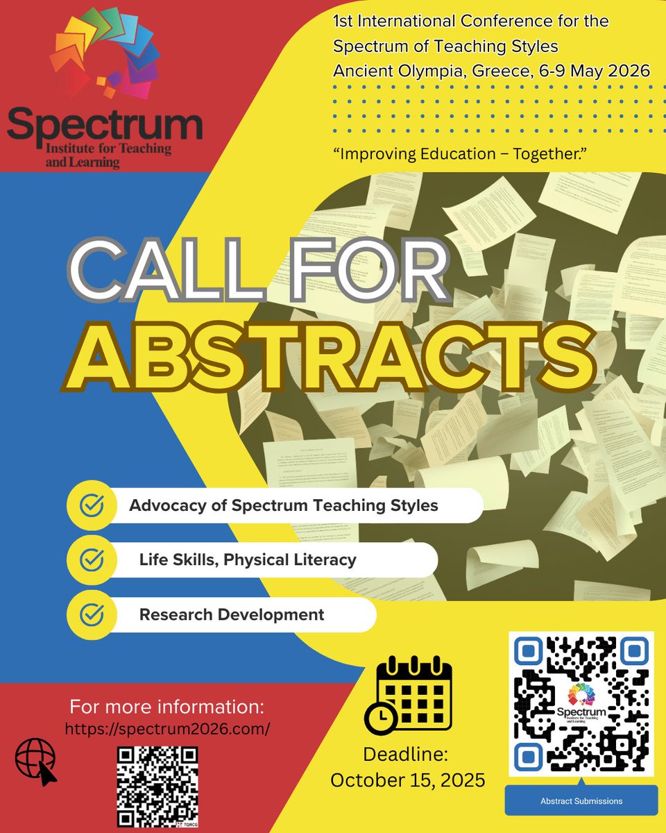 spectrumots's tweet image. Submit an abstract for the 1st International Conference for the Spectrum of Teaching Styles, May 6-9, 2026!
spectrum2026.com
#sitl #sots #teachingstyles #educationconference #teaching #education #abstracts