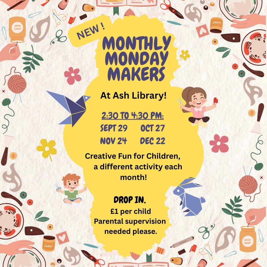 AshLibrary's tweet image. Join us at #AshLibrary on Monday 29th September at 2.30pm for the first of our new Monthly Monday Makers sessions! 🎨

Suitable for ages 4+, £1 per child. No need to book in advance, just drop in! 

@SurreyLibraries #Ash #SurreyLibraries #Surrey
