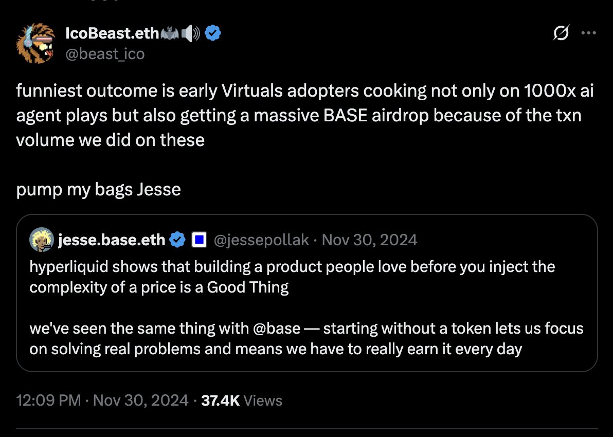 IcoBeast.eth🦇🔊 (@beast_ico) on Twitter photo Early. Again.
Ppl told me I was an idiot for the better part of a year and there was no way Base would ever drop a token.
I reminded them that Arbitrum swore there would be no token literally up until the day they dropped the token.
The decision for this was made a long time Early. Again.
Ppl told me I was an idiot for the better part of a year and there was no way Base would ever drop a token.
I reminded them that Arbitrum swore there would be no token literally up until the day they dropped the token.
The decision for this was made a long time