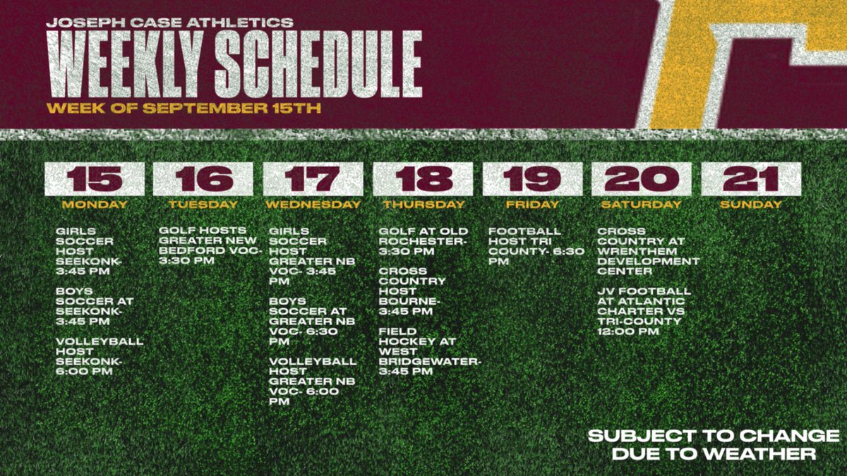 Case Athletics Weekly Schedule
9/15-9/20