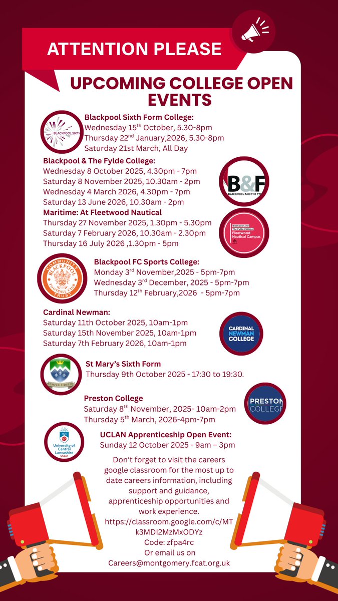 Year 10 and 11: Upcoming college open days. Go and look around them all - you might be surprised!! 🎓🛠️💇🧮🧑‍🔬🚗