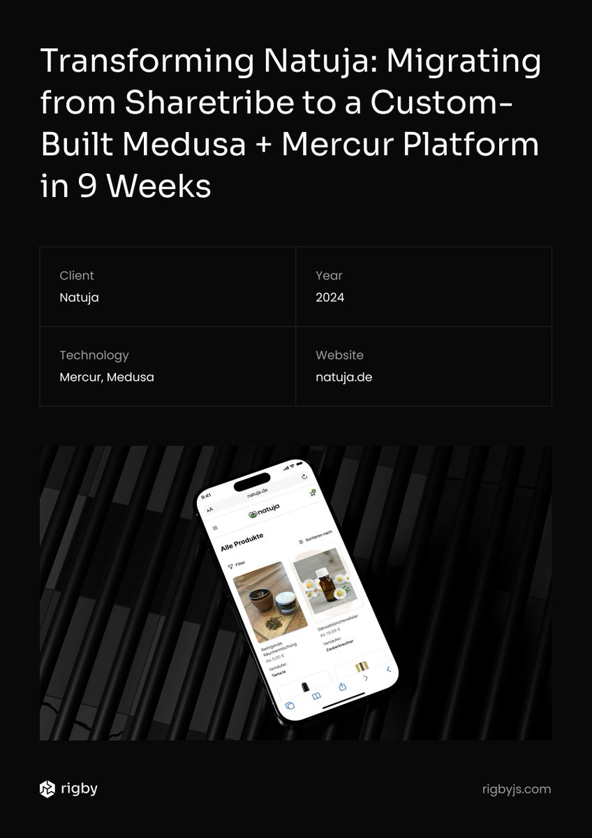 Mercurjs's tweet image. 9-week migration from Sharetribe to @medusajs + Mercur!

Natuja replaced a SaaS #marketplace with a custom Medusa + Mercur solution. The move unlocked improvements in scalability and the capability to implement custom features.

Read the full case study → rigbyjs.com/case-studies/n…