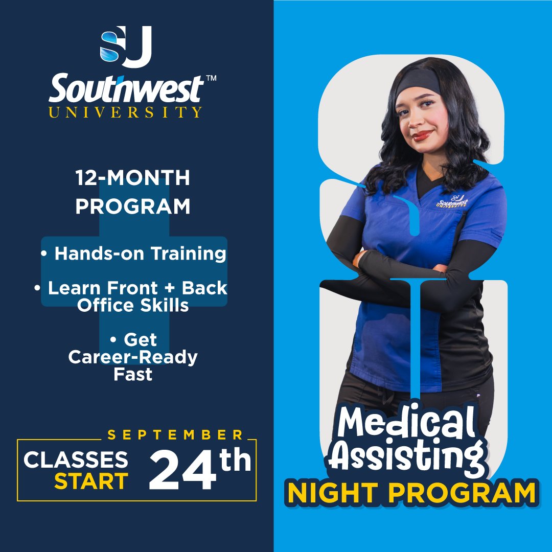 Southwest_U's tweet image. Don&apos;t put your career on hold. 🌙 Our Night Medical Assisting program at Southwest University gives you the training you need with a schedule that works for you. 

Start your journey in healthcare! 
bit.ly/SU_Contact

 #MedicalAssistant #NightClasses #HealthcareCareer #SWU