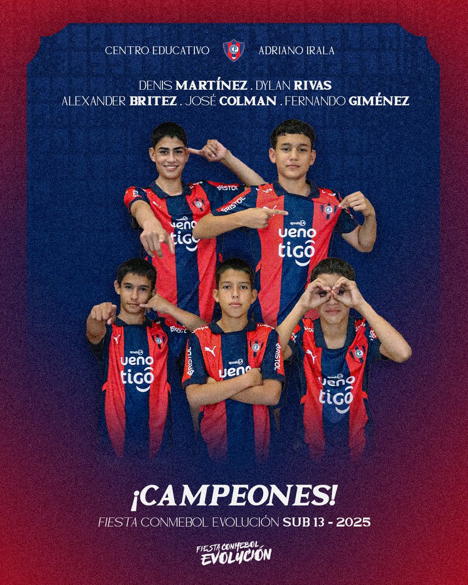 ¡𝑬𝑺𝑪𝑼𝑬𝑳𝑨 𝑫𝑬 𝑪𝑨𝑴𝑷𝑬𝑶𝑵𝑬𝑺! 🌪️

Felicitamos a nuestros estudiantes Denis Martínez, Dylan Rivas, Alexander Britez, José Colmán y Fernando Giménez por la conquista del Torneo Conmebol Evolución Sub 13🏆

¡Muchas felicitaciones chicos! 💎

#FundaciónCCP🔵🔴