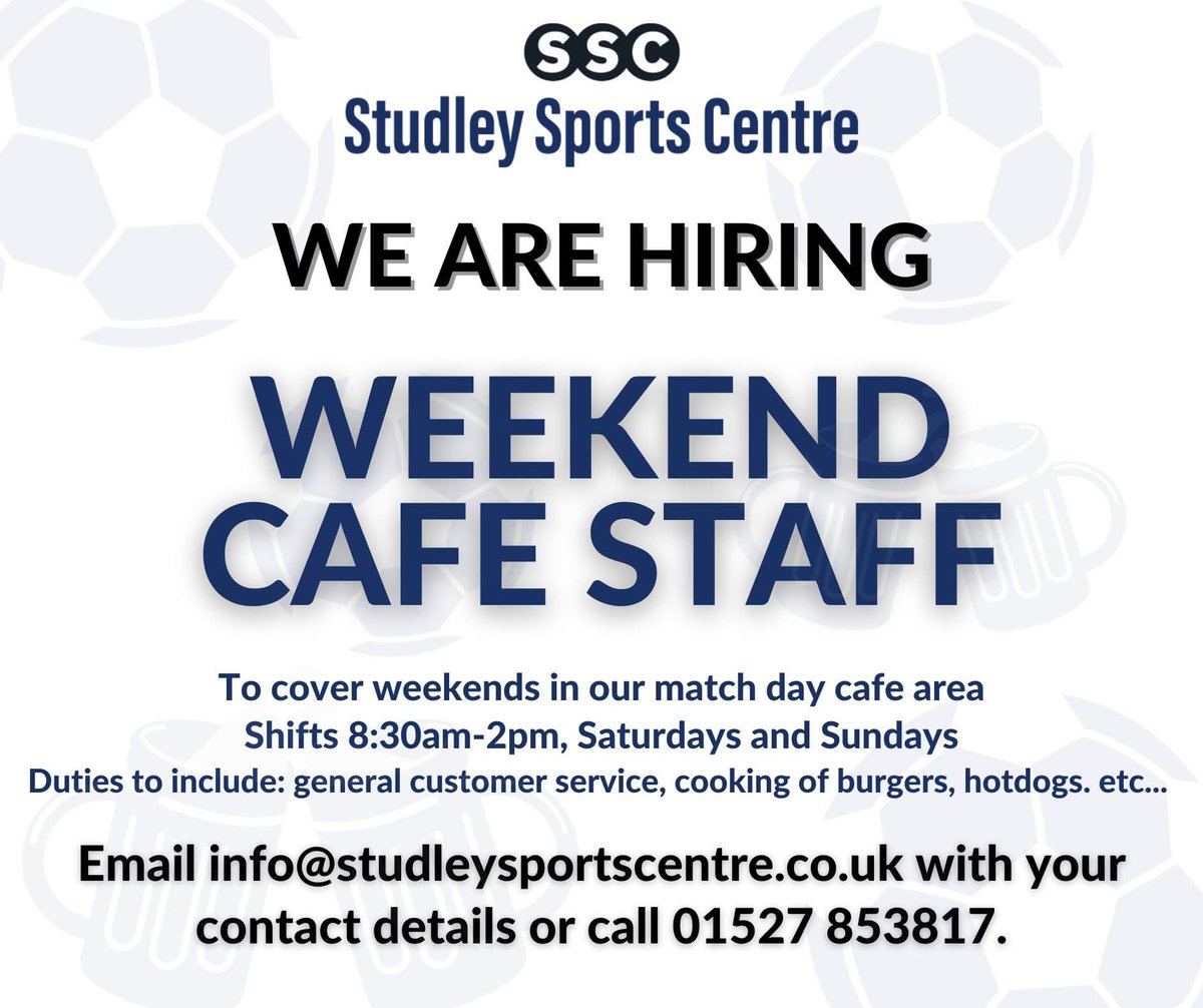 🥳 JOIN OUR TEAM!

⚽️ We are recruiting ‘Match Day Cafe’ staff. 

🌭Shifts will be 8:30-2pm, Saturday and Sundays...  

☕️ A perfect weekend job!

📞 For more info drop us an email to info@studleysportscentre.co.uk