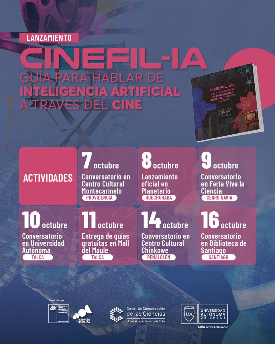 En octubre realizaremos el lanzamiento de “Cinefil-IA”, una guía gratuita que une el séptimo arte con la Inteligencia Artificial para explicar conceptos complejos de forma cercana y entretenida, a través de esas cintas que todos hemos visto.

¡Conoce nuestra cartelera y asiste!