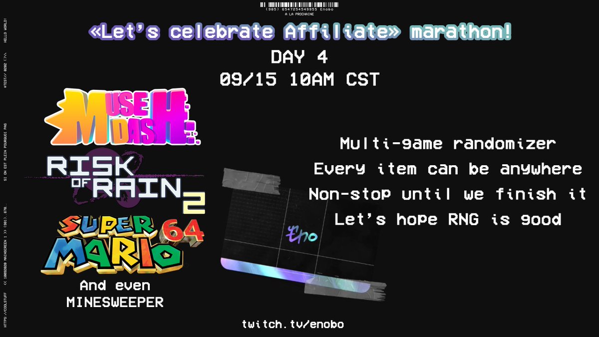 Enobo_Unity's tweet image. Day 4 LIVE NOW 💚

Archipelago lets us play multiple games and randomize any item appearing in any game even across them. So I chose 4 games!
This stream will not end until I finish every game, so this is a marathon within the marathon🙏

twitch.tv/enobo