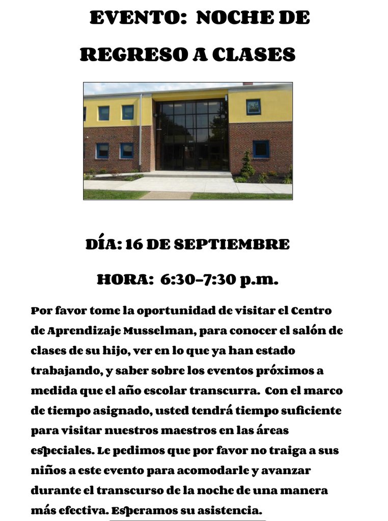 Please join us at our Open House tomorrow evening from 6:30-7:30PM. Open House will take place at the Musselman Learning Center.