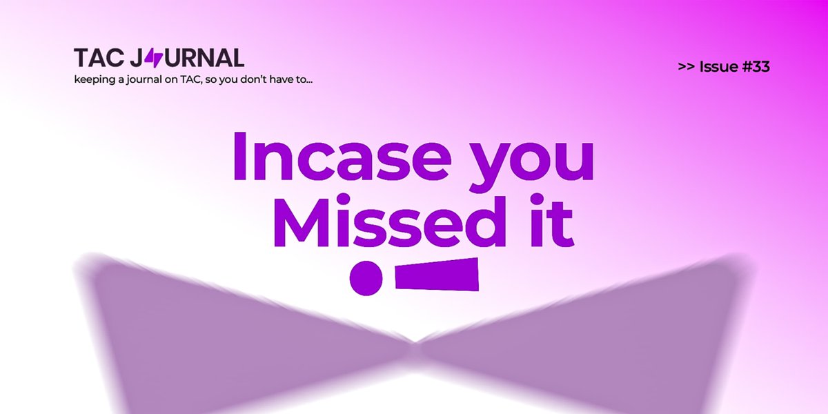 We took a little breather last week (even the TAC Force needs to recharge 🫰😅)… but while we were quiet, TAC didn’t sleep

ICYMI, here’s everything that went down on <a href="/TacBuild/">TAC (🫰,✨️)</a> last week

1. <a href="/TacBuild/">TAC (🫰,✨️)</a> is now live on Chainlink CCIP

Secure crosschain messaging + token transfers