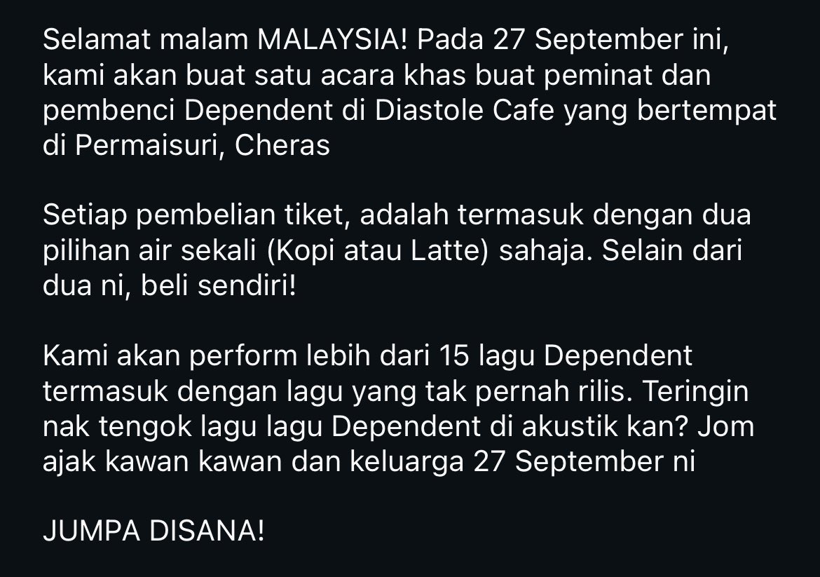 Dependent live in Diastole Cafe
27 September // 15 songs++

Tiada pembelian online, hanya walk in sahaja. Jumpaaa disana!