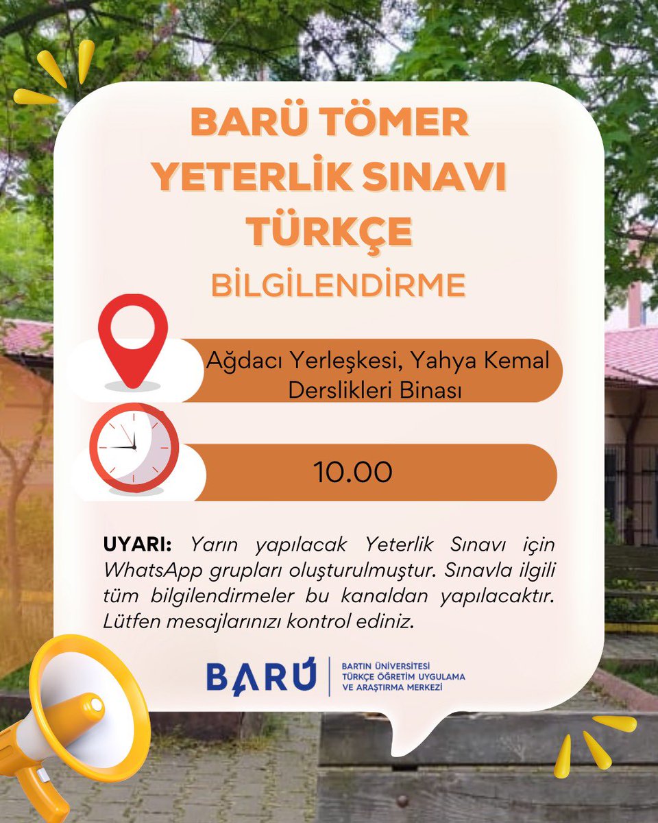 📢 BARÜ TÖMER Yeterlik Sınavı Türkçe yarın saat 10.00’da Ağdacı Yerleşkesi Yahya Kemal Derslikleri Binasında yapılacaktır.
📌 Sınavla ilgili duyurular WhatsApp gruplarından paylaşılacaktır. Lütfen mesajlarınızı kontrol ediniz.

<a href="/profdraakkaya/">Prof. Dr. Ahmet AKKAYA</a> <a href="/gumuss/">Selçuk Gümüş</a> <a href="/sozdenizbocek/">Sabriye Özdeniz Böcek</a> <a href="/baruedutr/">Bartın Üniversitesi</a>