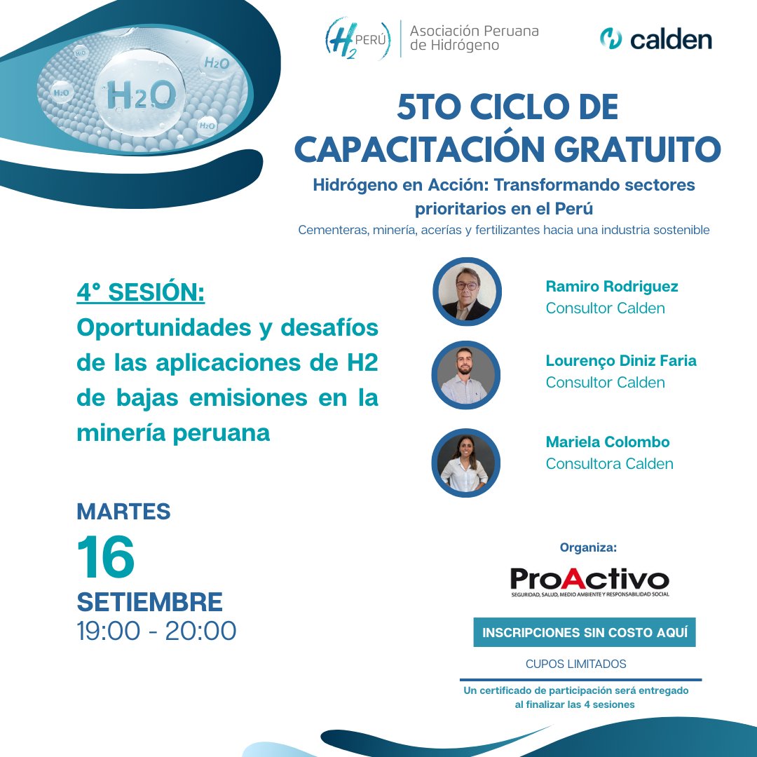 ✨ ¡Gran cierre del 5to Ciclo de Capacitación! ✨

Desde H2 Perú, en alianza con <a href="/proactivoperu/">Revista ProActivo</a> , te invitamos a la 4ta sesión de Hidrógeno en Acción. 

📅 Martes 16 de septiembre – 19:00 h

📲 Inscríbete sin costo: us02web.zoom.us/webinar/regist…