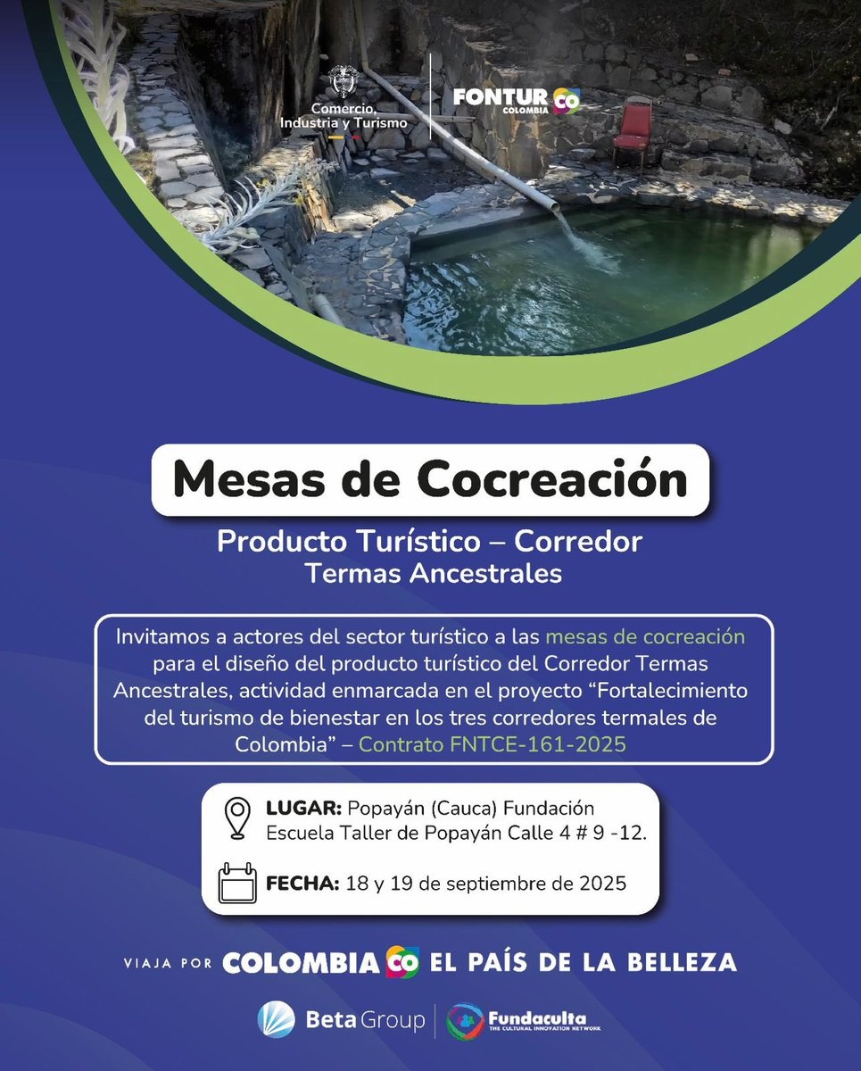 📢 Atención actores del sector turístico de Popayán, Cauca:

Los invitamos a participar en las mesas de trabajo de cocreación del producto turístico 'Corredor termas ancestrales' 🌿♨️.

Sus opiniones, experiencias y propuestas son fundamentales para seguir construyendo y