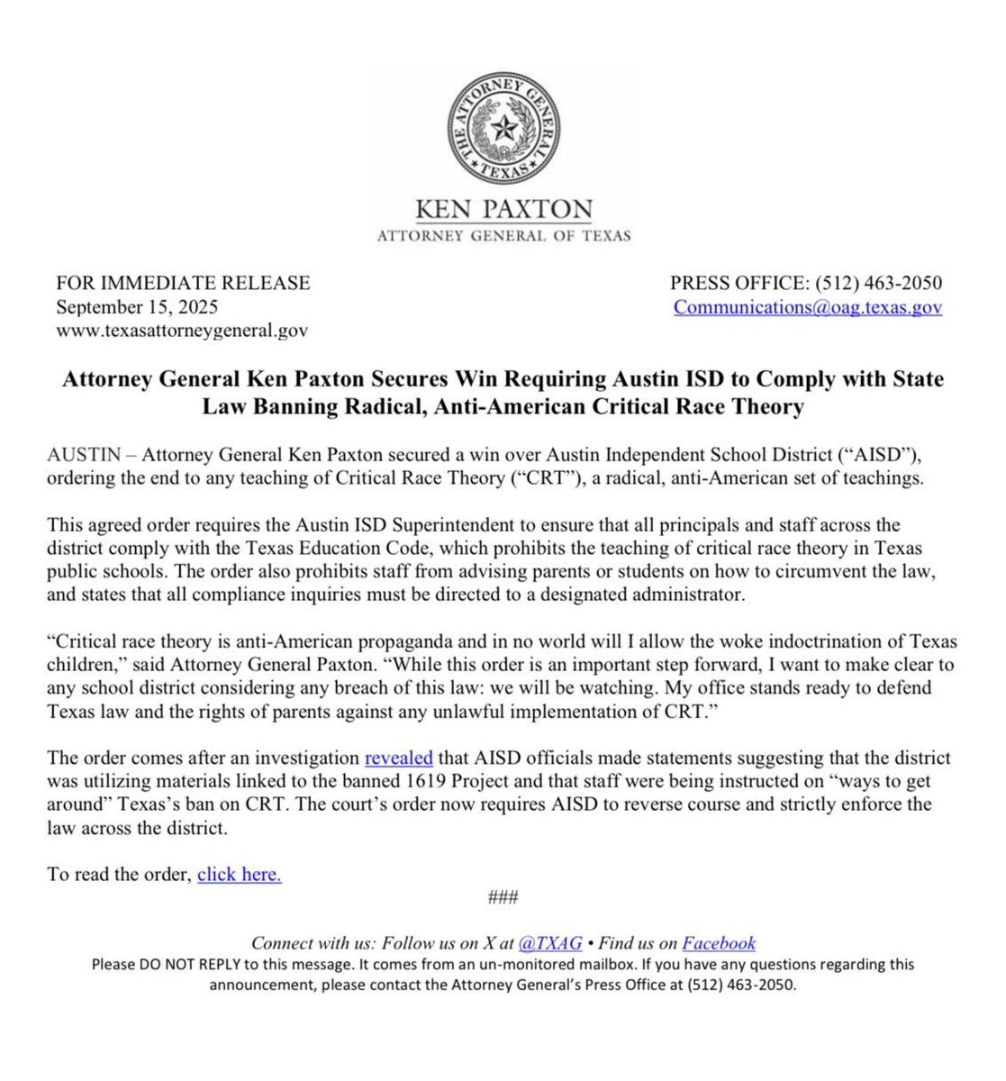 🚨BREAKING: I've secured a win requiring Austin ISD to comply with state law banning radical CRT. 

Critical race theory is anti-American propaganda and in no world will I allow the woke indoctrination of Texas children.