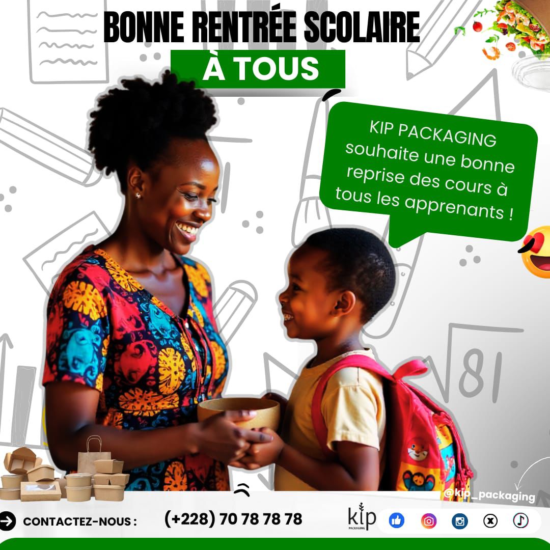 KipPackaging's tweet photo. [KIP PACKAGING] : Nous souhaitons une bonne reprise des cours à tous les apprenants  🥰 

Nos packagings sont disponibles en plusieurs formats. Commandez ici : 
📱+228 70 78 78 78

#KipPackaging #PackagingBiodégradable #Team228 https://t.co/yMrpNOYRV4