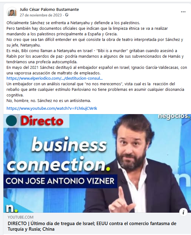 Hay que recordar que si la posición de Sánchez es con Palestina es porque hay un documento de octubre del 2023 - evidentemente preparado de antemano- que decía que los palestinos que quedaran vivos iban a venir a España, Irlanda y Grecia.
Es la preparación del relato.