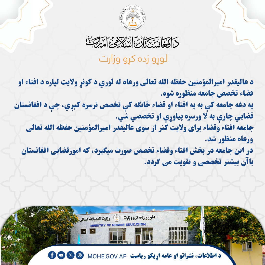 د عالیقدر امیرالمؤمنین حفظه الله تعالی ورعاه له لوري د کونړ ولایت لپاره د افتاء او قضاء تخصص جامعه منظوره شوه.